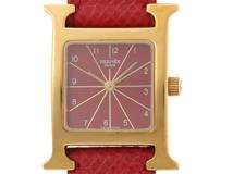 HERMES エルメス Hウォッチ HH1.201 SS ステンレススチール レザーベルト レッド文字盤 クォーツ □A刻印 【460】2148103833489