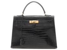 HERMES エルメス ショルダーバック ケリー32 ポロサス ブラック ゴールド金具 〇S刻印・1989年頃製造【472】YK