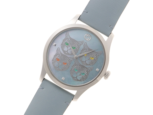 GUCCI グッチ レディース クオーツ Gタイムレス 126.4 YA1264124 ブルーシェル文字盤 SS/レザー【472】HK