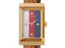 GUCCI グッチ レディース クオーツ Gフレーム YA147402/147.4 トリコロールシェル文字盤 GP/パイソンレザー【472】HK