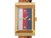 GUCCI グッチ レディース クオーツ Gフレーム YA147402/147.4 トリコロールシェル文字盤 GP/パイソンレザー【472】HK
