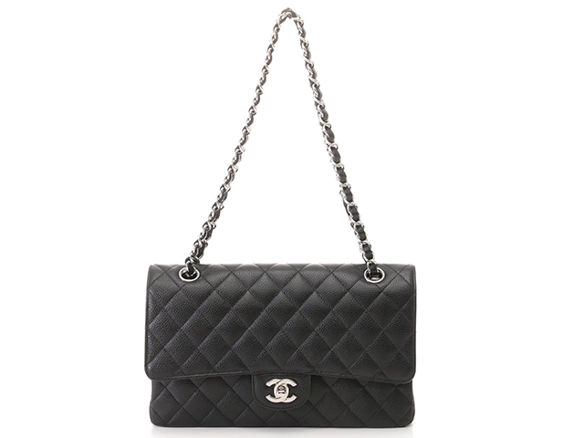 CHANEL　シャネル　マトラッセ　Wフラップ　25　Wチェーンショルダー　ブラック/SV（シルバー金具）　キャビア　A01112　2148103851803　【432】