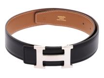 HERMES　エルメス　Ｈベルト　32ｍｍ　ブラック　ナチュラル　ＳＶ　金具シルバー　ボックスカーフ【472】HG