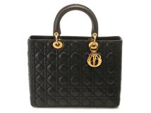 DIOR　クリスチャンディオール　２wayショルダーバッグカナージュ　レディディオールラージハンドバッグ　ラムスキン　ブラック　ゴールド金具　【471】L