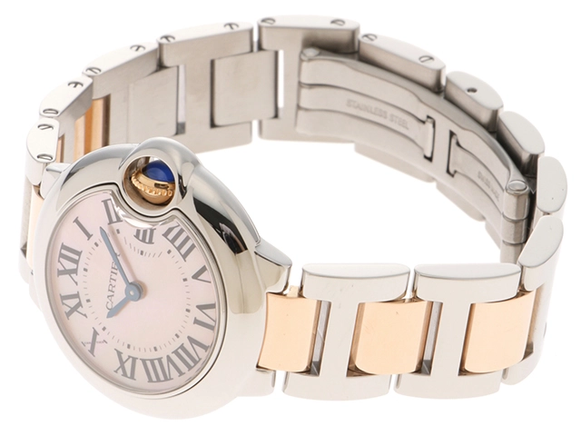 Cartier カルティエ 腕時計 2012年並行品 バロンブルー 28mm W6920034 K18ピンクゴールド/スティール ピンクシェル文字盤 クォーツ【472】SJ