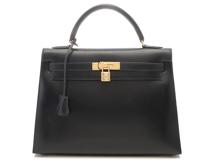HERMES エルメス ハンドバッグ ケリー32 ブラック/ゴールド金具 ボックスカーフ 外縫い □C(1999年頃)【472】YY