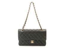 CHANEL シャネル マトラッセＷフラップ25 Ｗチェーンショルダーバッグ ブラック/ゴールド金具 キャビア A01112【472】YY