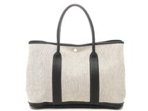 HERMES エルメス トートバッグ ガーデンパーティPM ボルデュックリボン グレー/ブラック/シルバー金具 トワルアッシュ/レザー 2006年限定【472】YY