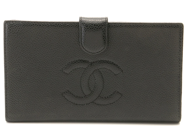 セール!CHANEL シャネル 長財布 黒 ココマーク 二折り がま口 キャビア CHANEL シャネル ココマーク 二つ折りがま口長財布 ブラック/GP