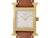 HERMES　エルメス　Ｈウォッチ　HH1.201　シルバー文字盤　ゴールドメッキGP/革　クオーツ　レディース時計　2148103889509【207】