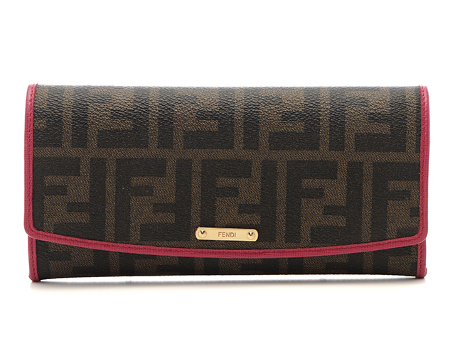FENDI Zucca Tri-fold Long Wallet, Brown/Pink, PVC/Leather, 8M0326