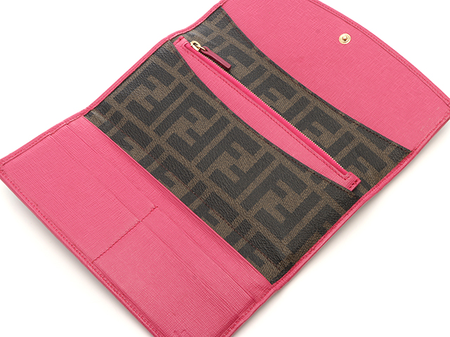 FENDI フェンディ ズッカ三つ折り長財布 ブラウン/ピンク PVC/レザー