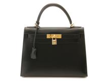 HERMES エルメス ハンドバッグ ケリー28 ブラック/ゴールド金具 ボックスカーフ 外縫い □E刻印(2001年頃) 付属品付き【472】YY