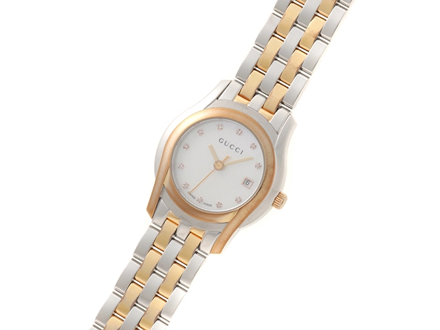 GUCCI　グッチ　Gクラス　5500L　シェル文字盤　11Pダイヤモンド　ステンレススチール/GP　　クオーツ　レディース時計　2148103906350【207】