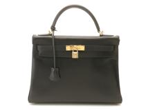 HERMES　エルメス　バッグ　ケリー32　ブラック/GP金具　ボックスカーフ　内縫い　□F刻印【431】2148103910692