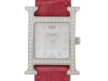 HERMES エルメス Hウォッチ HH1.230 ステンレススティール/クロコダイルレザー シェル/10ポイントダイヤ文字盤 クォーツ【472】UH