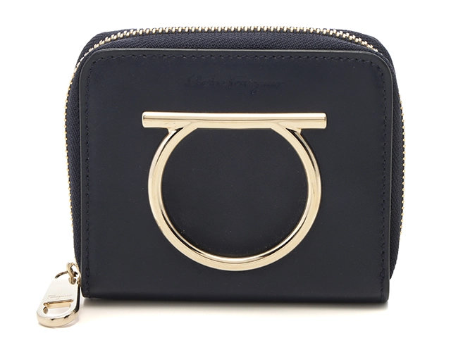 Ferragamo フェラガモ ガンチーニ コンパクトファスナー財布 ネイビー レザー【430】2148103918209