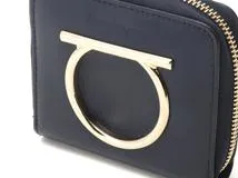 Ferragamo　フェラガモ　ガンチーニ　コンパクトファスナー財布 ネイビー　レザー【430】2148103918209