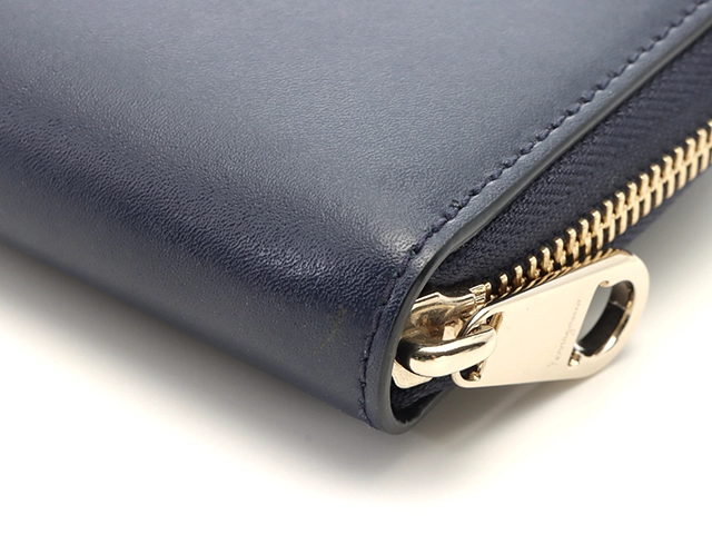 Ferragamo フェラガモ ガンチーニ コンパクトファスナー財布 ネイビー レザー【430】2148103918209