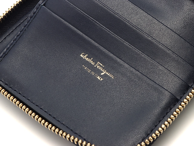 Ferragamo フェラガモ ガンチーニ コンパクトファスナー財布 ネイビー レザー【430】2148103918209
