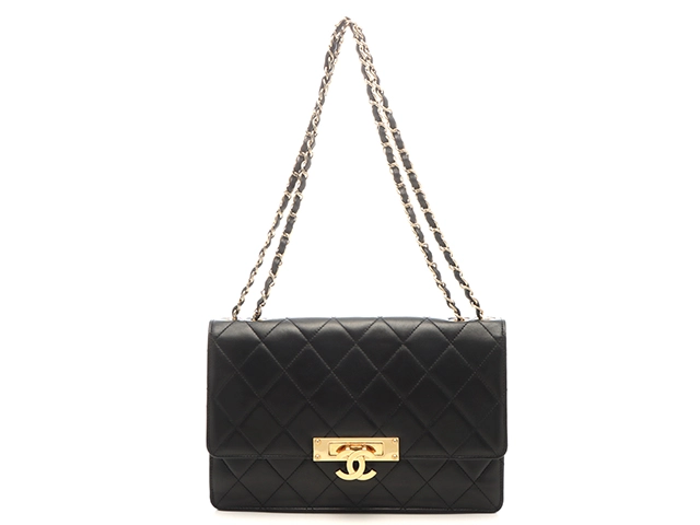 極 美品 シャネル マトラッセ ラムスキン ココ チェーン ショルダーバッグ 黒 CHANEL （美品）シャネル ココマーク マトラッセ ダブルチェーン