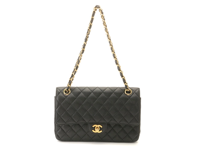 CHANEL　シャネル　マトラッセWフラップ25　Wチェーンショルダー　ブラック/ゴールド金具　キャビア　A01112【433】2143300231069
