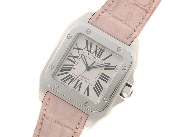 Cartier カルティエ 腕時計 2015年並行品 サントス100 MM W20126X8 ホワイト文字盤 ステンレス/アリゲーター 自動巻き【472】SJ