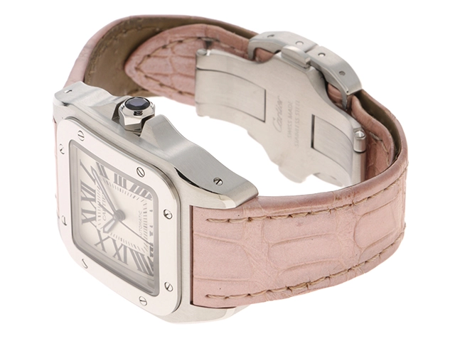 Cartier カルティエ 腕時計 2015年並行品 サントス100 MM W20126X8 ホワイト文字盤 ステンレス/アリゲーター 自動巻き【472】SJ