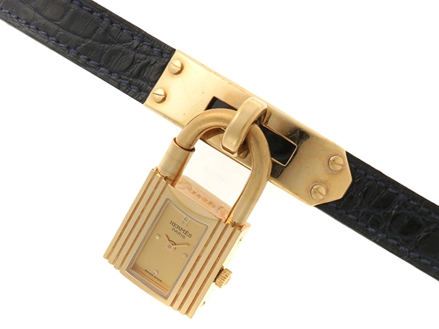 HERMES エルメス レディース クォーツ ケリーウォッチ KE1.201 ゴールド文字盤 GP/クロコレザー(〇W刻印/1993年年頃) 現状販売【472】HK