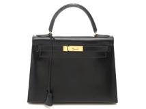 HERMES エルメス ハンドバッグ ケリー28 ブラック ボックスカーフ ゴールド金具 〇U刻印 2148103931291