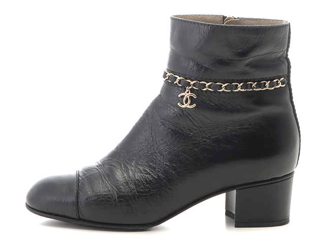 CHANEL シャネル チェーンショートブーツ レディース37 ブラック