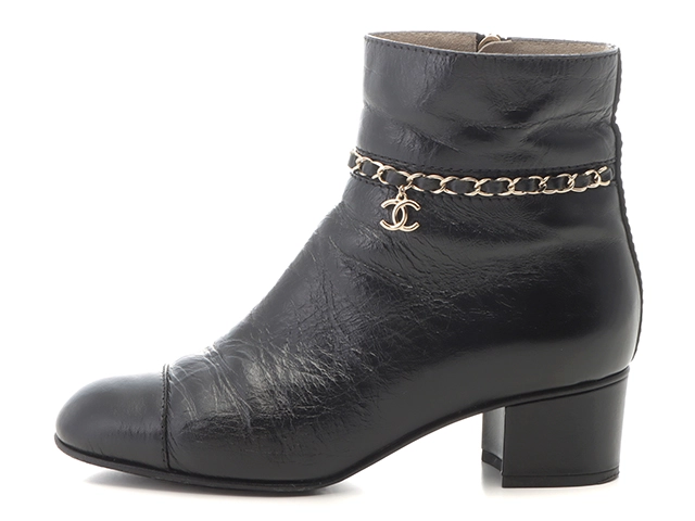 CHANEL　シャネル　チェーンショートブーツ　レディース37　ブラック　レザー/GP　G35009X53109　2148103931932　【432】