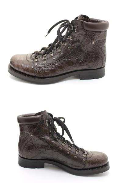 PRADA　プラダ　クロコ型押しレースアップブーツ　メンズ7ハーフ　ダークブラウン　レザー　12T2189 80219C　2120500254487　【432】