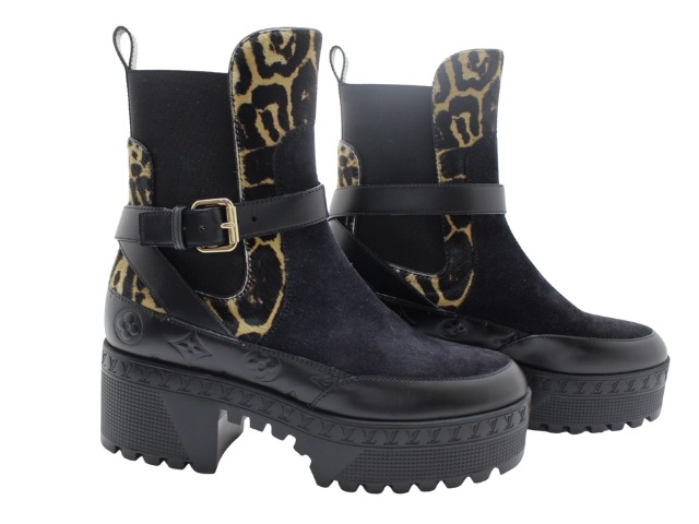 LOUIS VUITTON ルイ・ヴィトン 靴 ローリエ―トライン レオパードサイドゴアブーツ レディース37ハーフ(24～24.5cm) ブラック スエード/カーフ 2146000421907 【200】