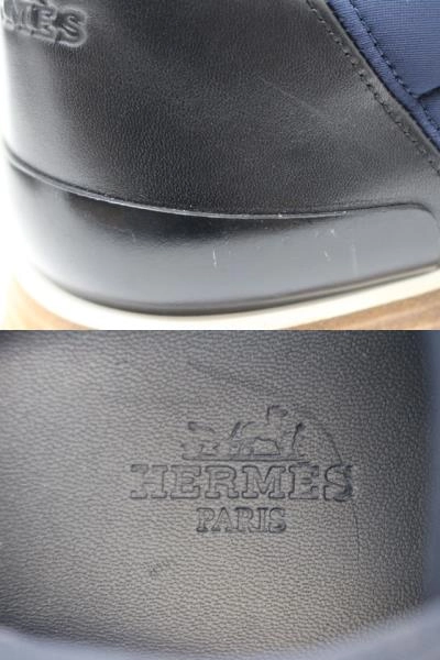 HERMES エルメス 靴 マイルス ローカットスニーカー メンズ41ハーフ ネイビー ブラック ブラウン ファブリック レザー H162357Z (2120500223650) 【200】