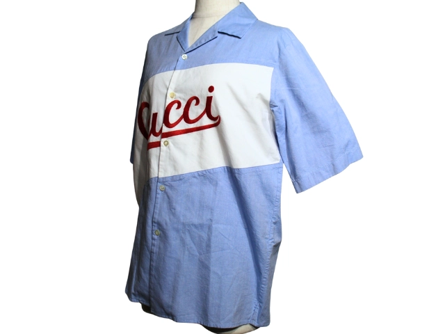 GUCCI グッチ ロゴシャツ メンズ12 ホワイト ライトブルー コットン 638079 2148103895555 【200】