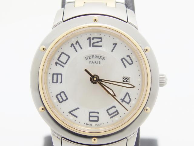 【HERMES】エルメス クリッパー CP1.220 ステンレススチール シルバー クオーツ アナログ表示 レディース ホワイトシェル文字盤 腕時計