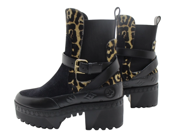 LOUIS VUITTON ルイ・ヴィトン 靴 ローリエ―トライン レオパードサイドゴアブーツ レディース37ハーフ(24～24.5cm) ブラック スエード/カーフ 2146000421907 【200】