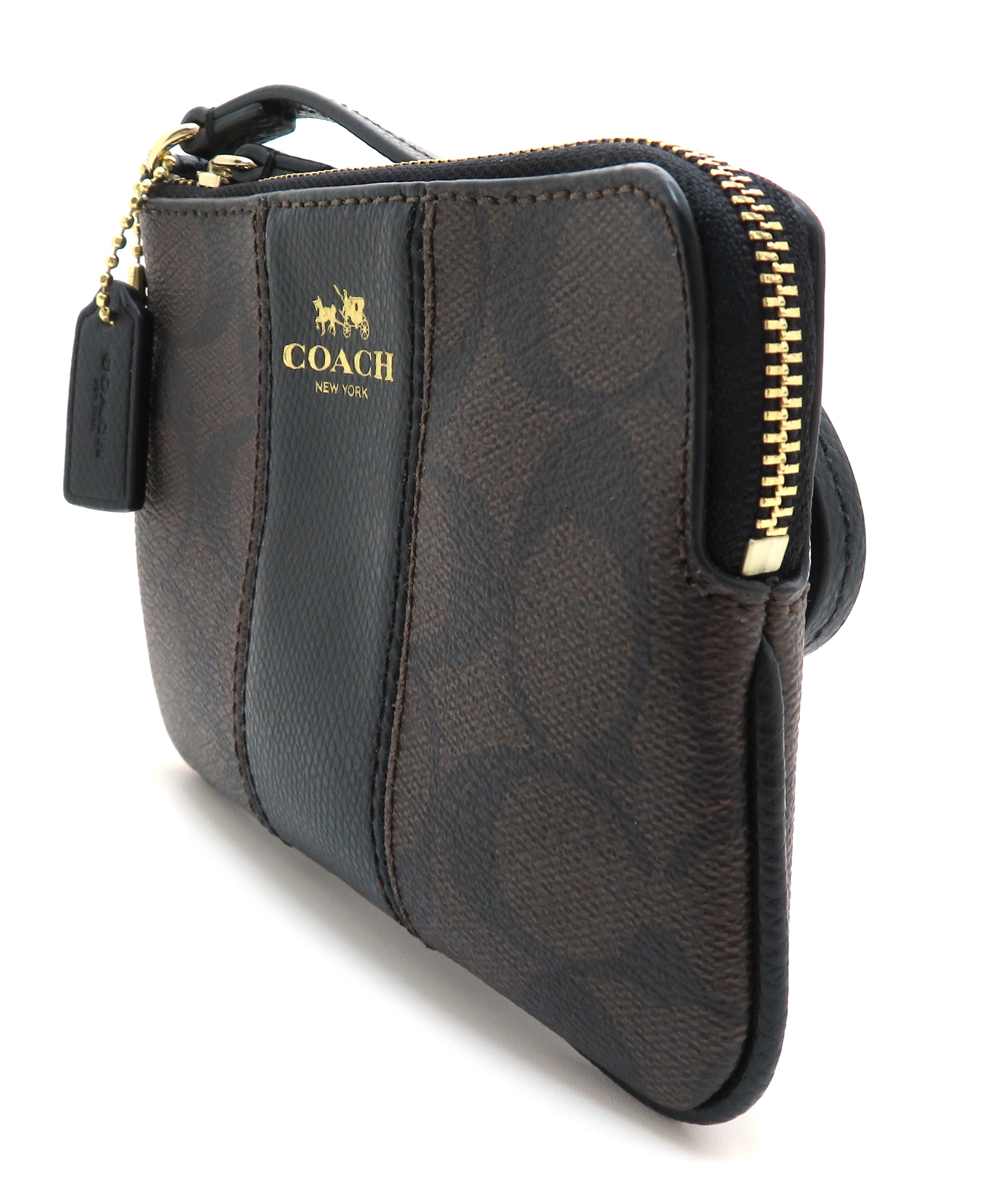 極美品 COACH コーチ ポーチ ハンドバッグ シグネチャー 8K01 黒 COACH コーチ シグネチャー リストレットポーチ ブラウン/ブラック PVC