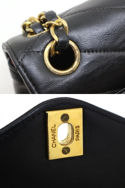 CHANEL シャネル バイアスステッチＷチェーンショルダーバッグ ブラック GP ラムスキン 【200】