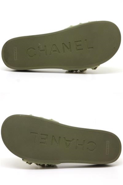CHANEL シャネル サンダル レディース41 カーキ ファブリック チェーン