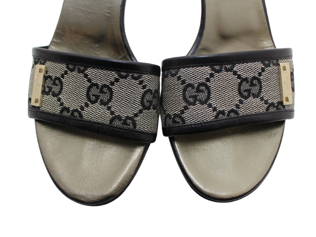 GUCCI グッチ GGミュール 35C ブラック カーキ キャンバス 革 106 1445