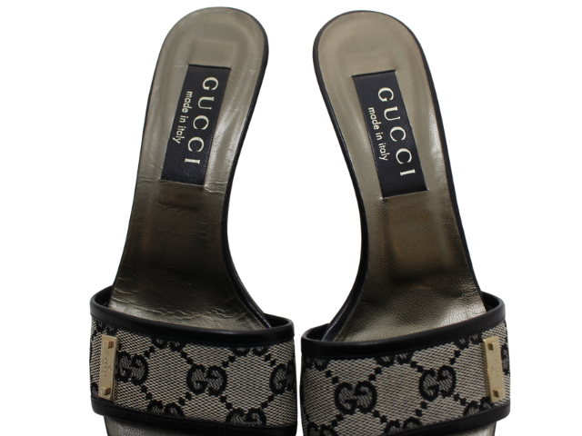 GUCCI グッチ GGミュール 35C ブラック カーキ キャンバス 革 106 1445