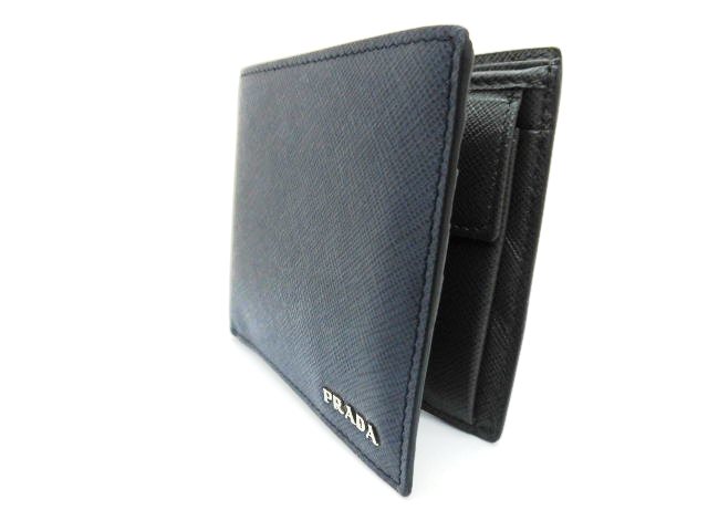 PRADA プラダ 二つ折り財布 財布 サフィアーノレザー ネイビー/グレー