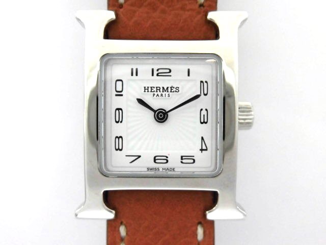 HERMES エルメス Hウォッチ ミニ ホワイト文字盤 アラビア数字 ステンレススチール/革 クォーツ レディース腕時計 HH1.110 【474】