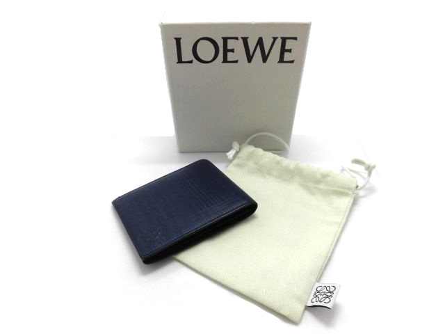 LOEWE ロエベ 二つ折り財布 リネン テクスチャード カーフスキン ネイビーブルー 【434】