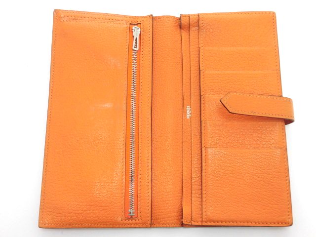 HERMES エルメス ベアンスフレ 長財布 シェーブル オレンジ シルバー