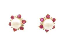JEWELRY　貴金属・宝石　パールピアス　K18　ゴールド　ルビー　ダイヤモンド　真珠　4.6g　（2147200475806）【200】