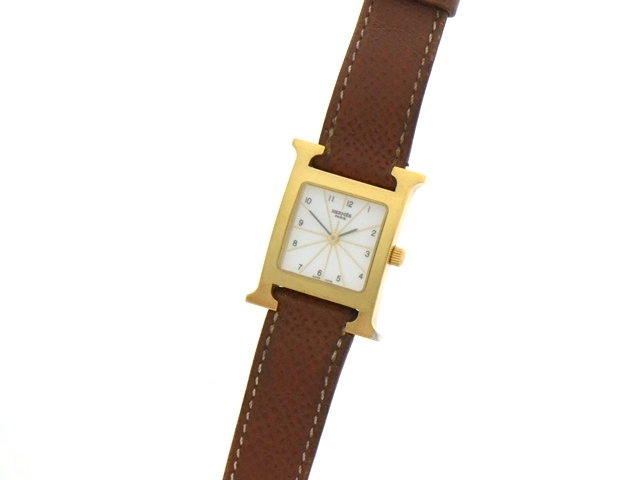 HERMES エルメス Hウォッチ HH1.201 GP/革 女性用クオーツ時計【473】