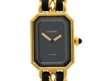 129【美品】CHANEL　プルミエールM 時計　黒文字盤×GPレザー　ゴールド 129【美品】CHANEL プルミエールM 時計 黒文字盤×GPレザー